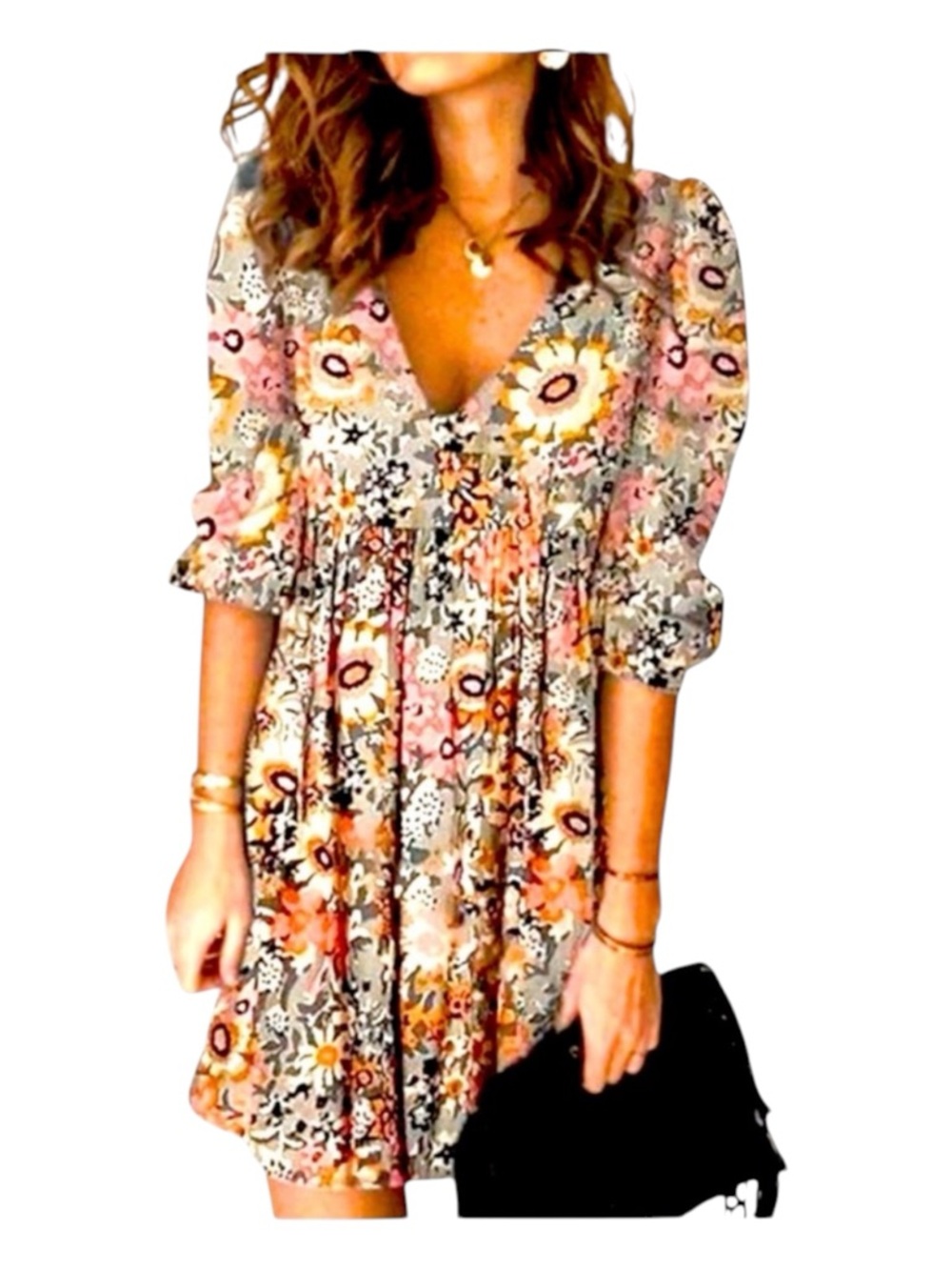 MADE WITH LOVE Floral Mini Popover Dress, Multicolored, Size M.